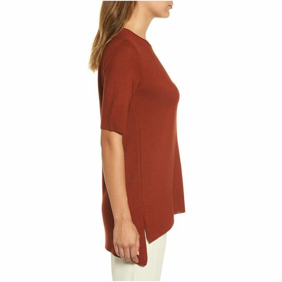 EILEEN FISHER Brick Red 100% Tencel Knit Drapey High Low Top Small Petite - Picture 5 of 10